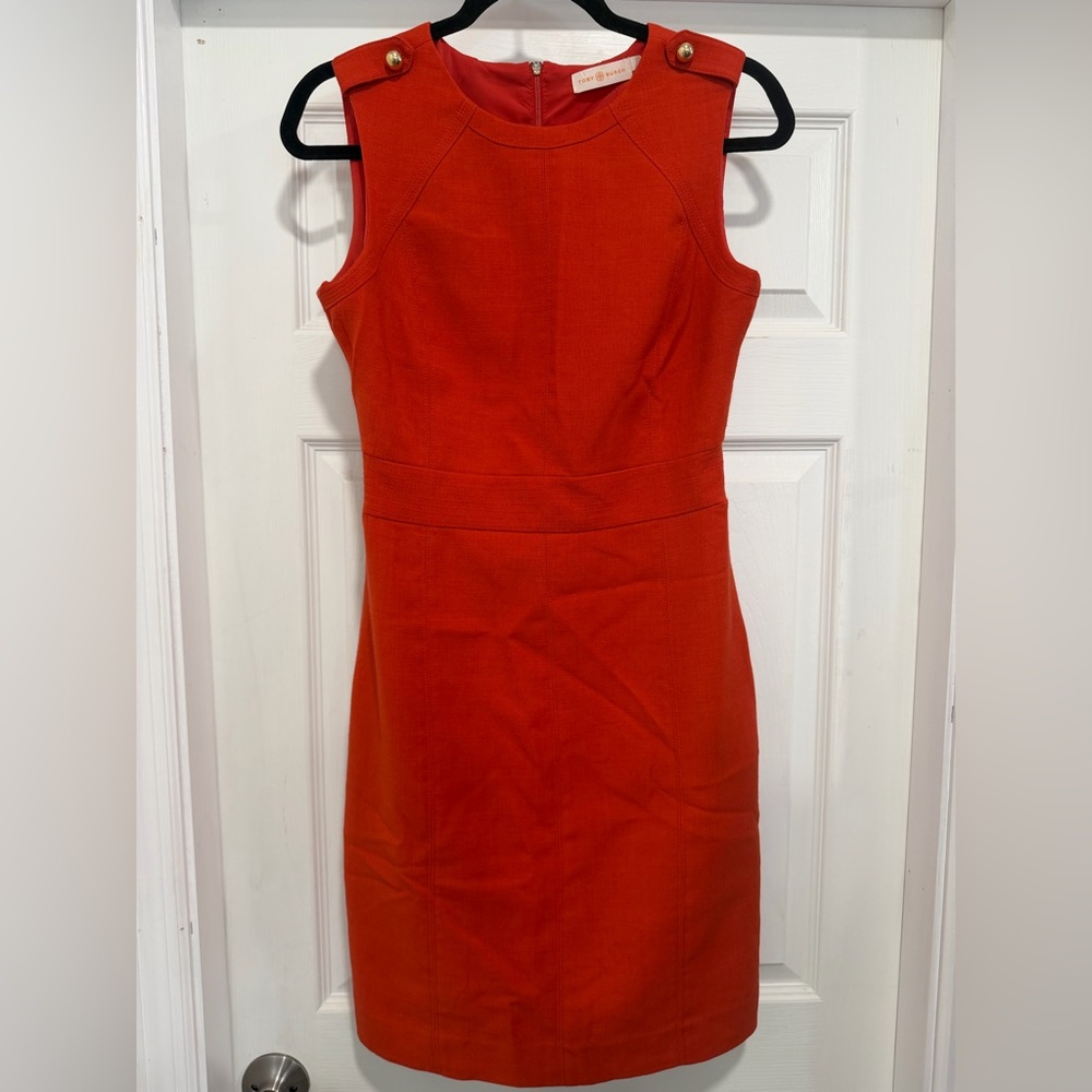 TORY BURCH Mariel Orange Gold 1/2 Zip Wool Blend Lined Midi Dress Women Size 4